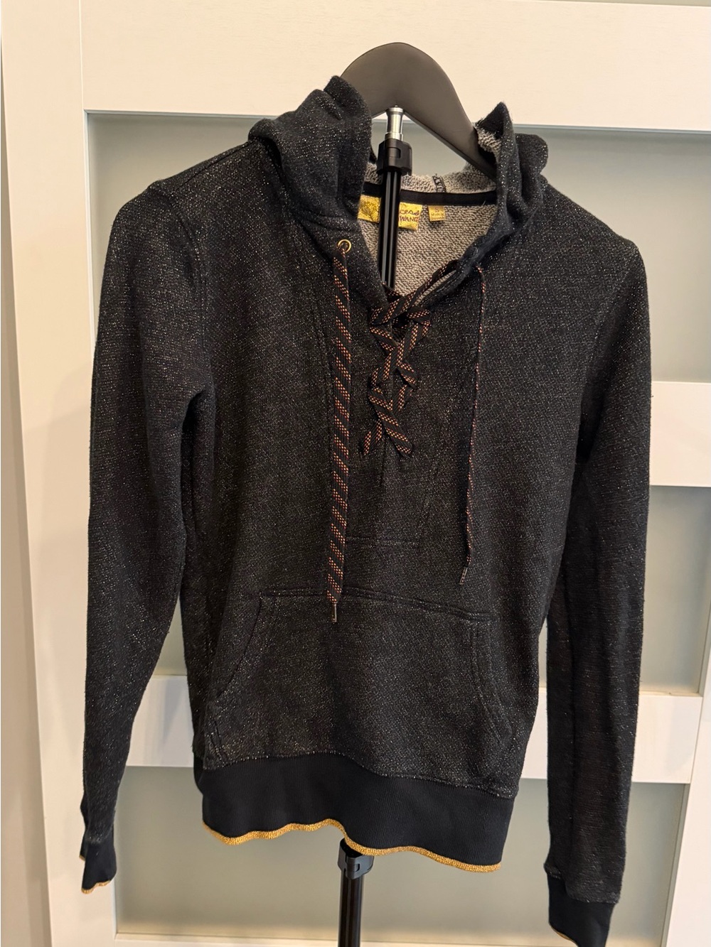 Vera Wang Black Hooded Lace-Up Pullover with Gold Trim